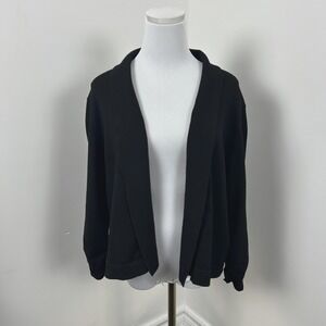 Verve Ami Cardigan Womens L Black Open Front 3/4 Ruched Sleeve Soft Knit